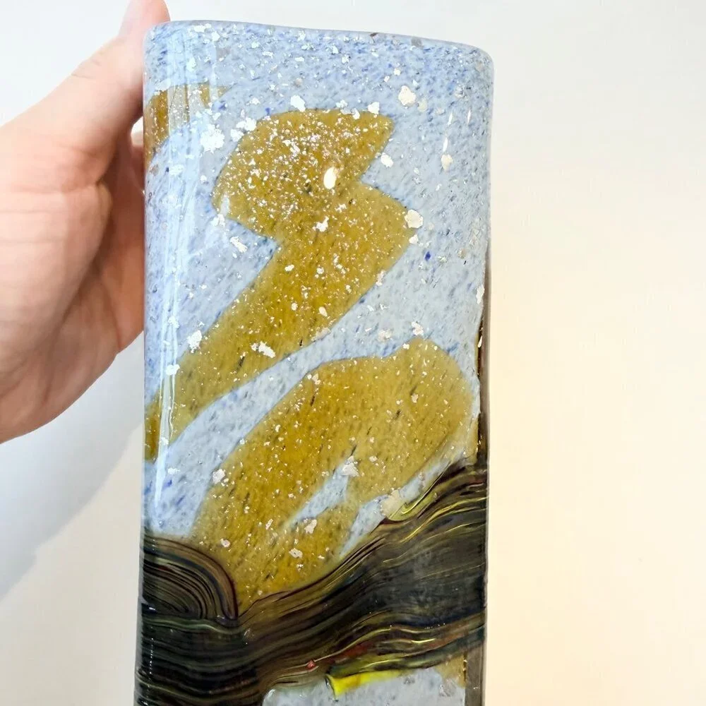 Vintage Handmade Artisan Abstract details Square Glass Vase